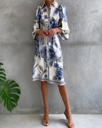 Fleurette — Printed Lantern-Sleeve Split-Collar Dress