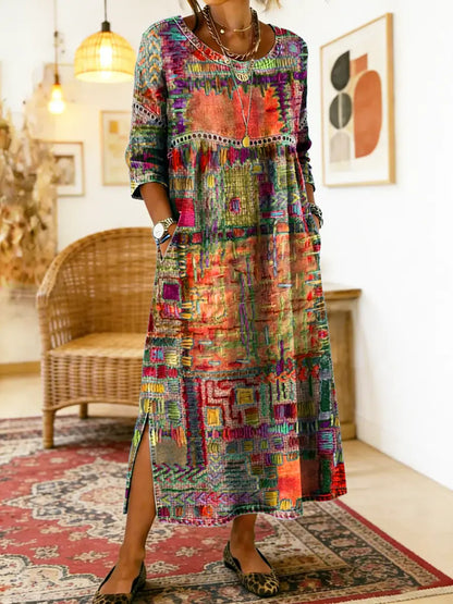 Folklén — Cotton Ethnic Print Lace-Trim Maxi Dress