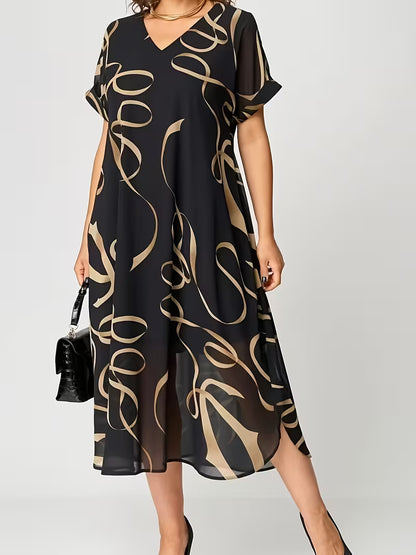 Amarelle — Flowy V-Neck Bow-Print Midi Dress