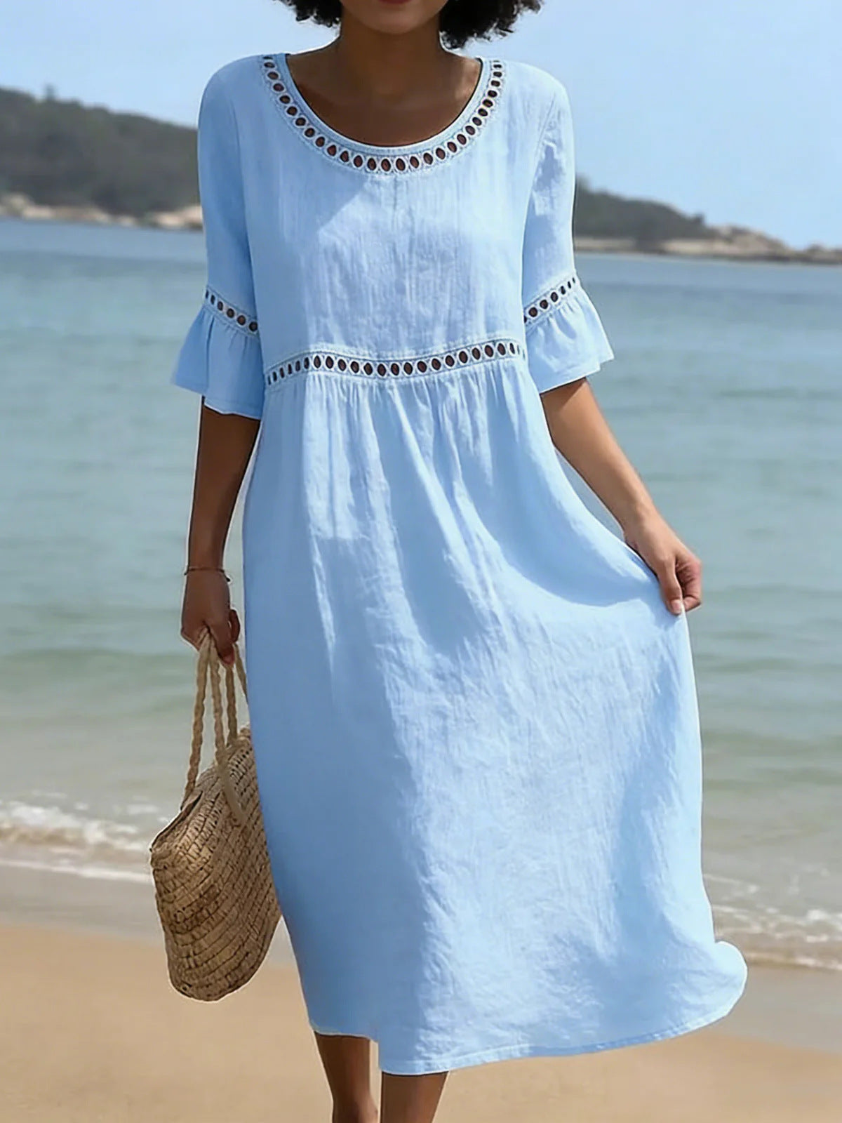 Linéa — Lace-Trim Cotton Linen Midi Dress