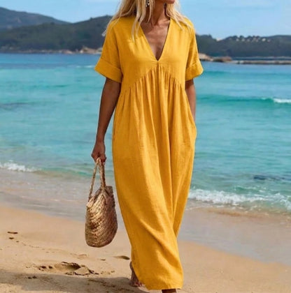 Viviana — V-Neck Linen-Cotton Maxi Dress