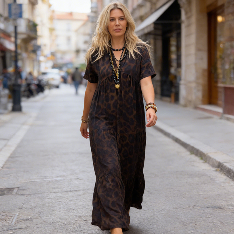 Sauvage — Leopard Print V-Neck Draped Maxi Dress