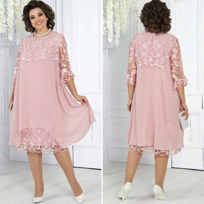 Célène — Embroidered Chiffon Patchwork Round-Neck Maxi Dress