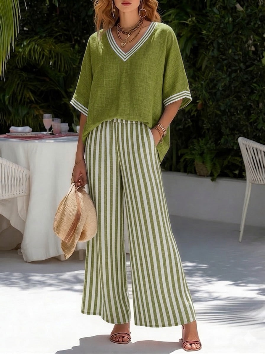 Terrie — Striped Linen-Cotton Two-Piece Top & Trouser Set
