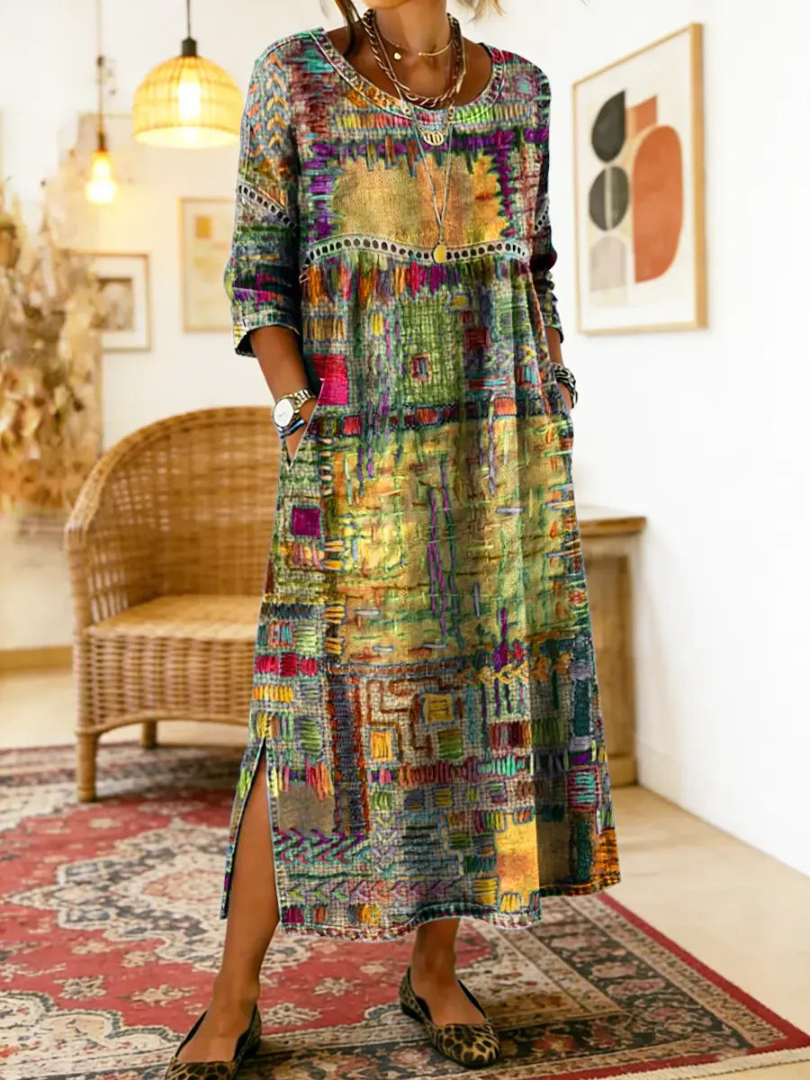 Folklén — Cotton Ethnic Print Lace-Trim Maxi Dress