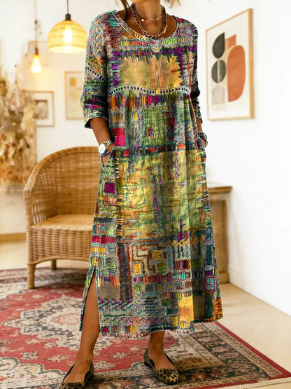 Folklén — Cotton Ethnic Print Lace-Trim Maxi Dress