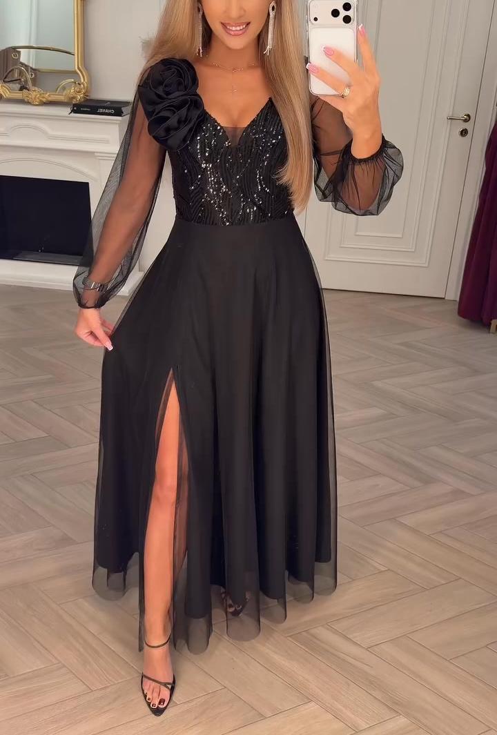 Elegant Lace Sleeve Dress with Sequins and Floral Embellishments