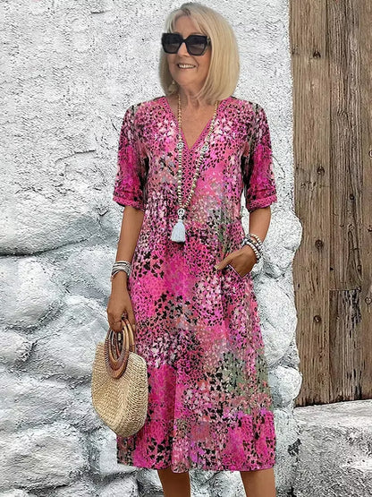Luna — Vibrant Print V-Neck Flowing Midi Dress