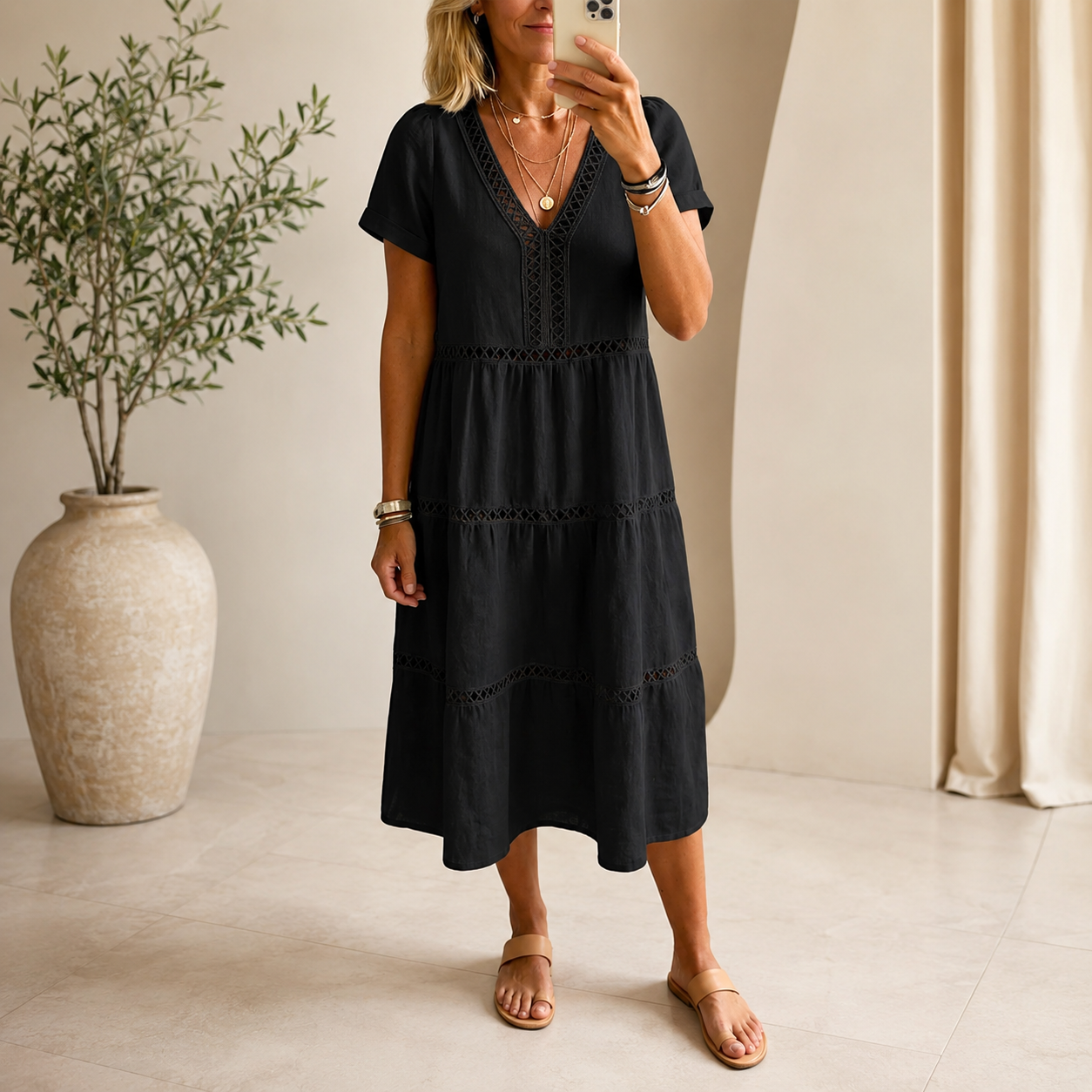 Velorie — Lace V-Neck Tiered Midi Dress