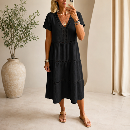 Velorie — Lace V-Neck Tiered Midi Dress