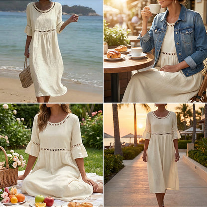 Linéa — Lace-Trim Cotton Linen Midi Dress