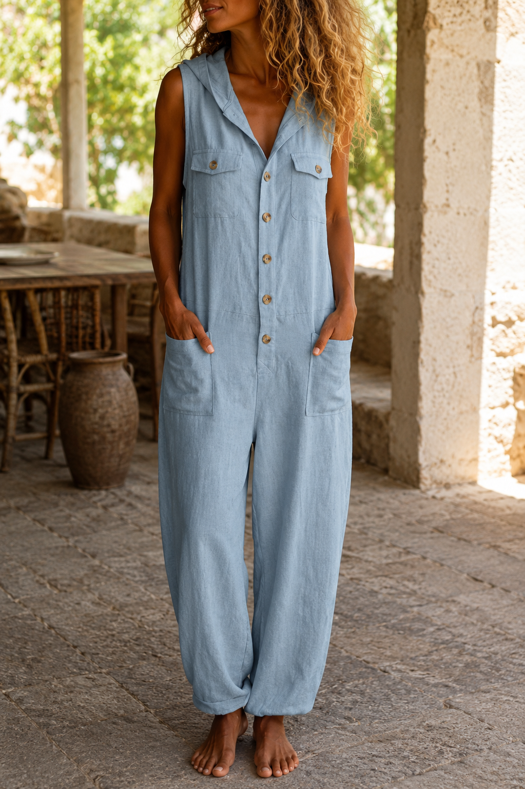 Solandra — Sleeveless Linen Blend Jumpsuit with Hood