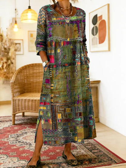 Folklén — Cotton Ethnic Print Lace-Trim Maxi Dress
