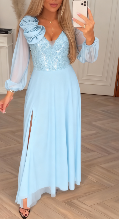 Elegant Lace Sleeve Dress with Sequins and Floral Embellishments