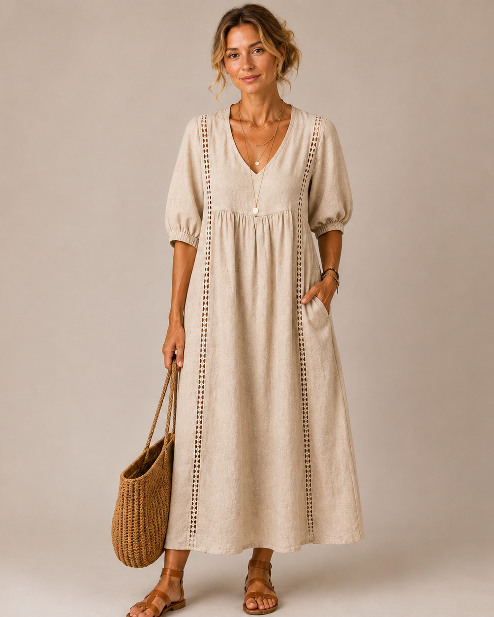 Sefi — Linen Midi Dress with Lace Trim