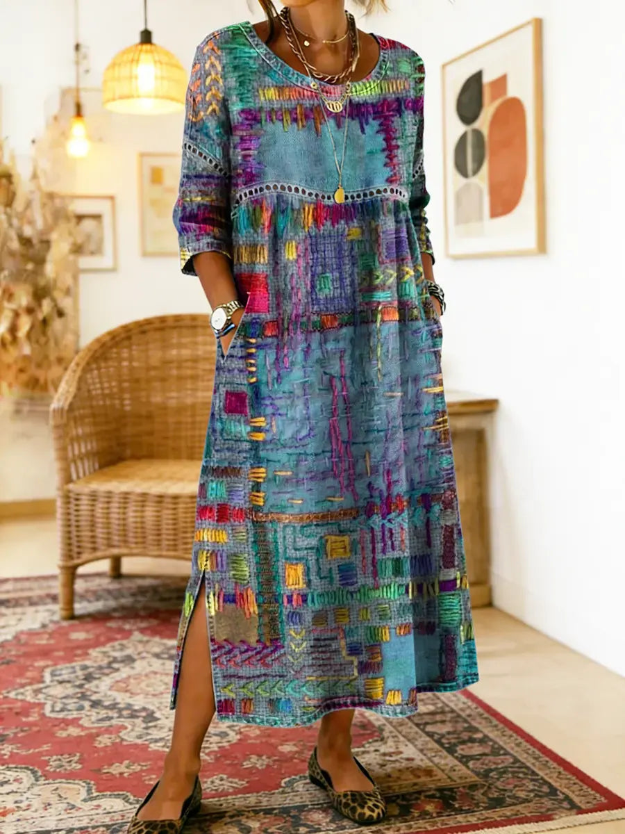 Folklén — Cotton Ethnic Print Lace-Trim Maxi Dress