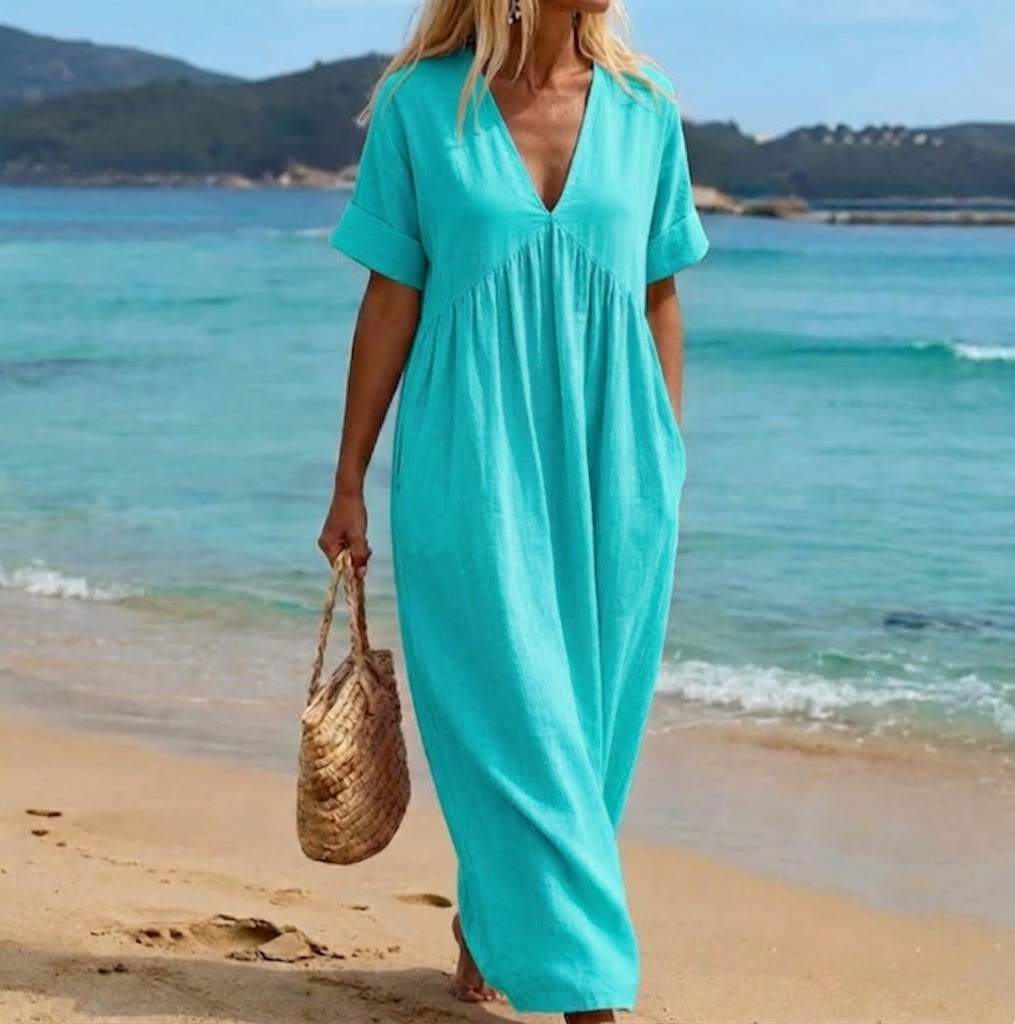 Viviana — V-Neck Linen-Cotton Maxi Dress