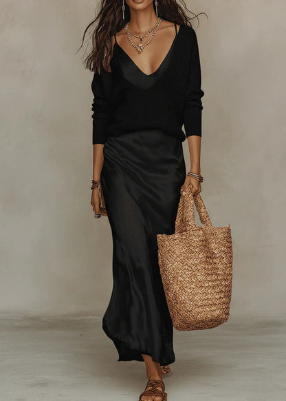 Alma — Satin Midi Dress & Knit Cardigan Two-Piece