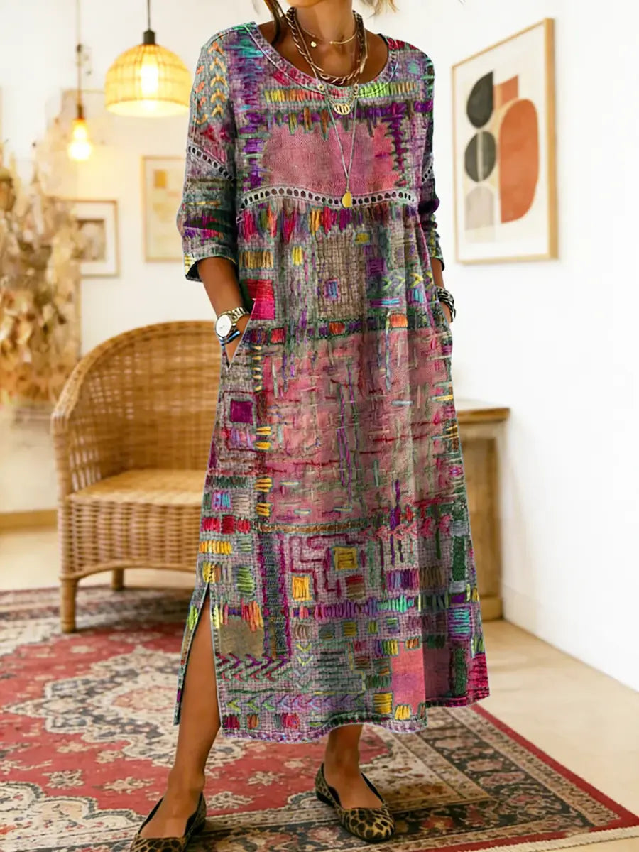 Folklén — Cotton Ethnic Print Lace-Trim Maxi Dress