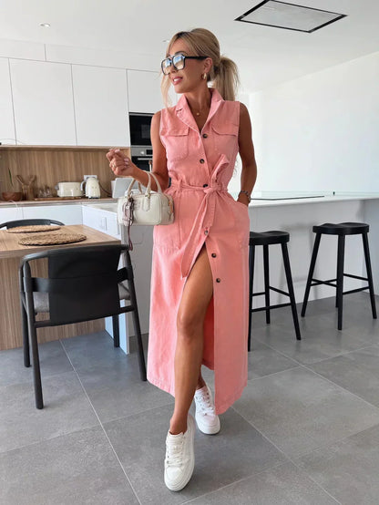 Isabelle — Belted Maxi Denim Dress