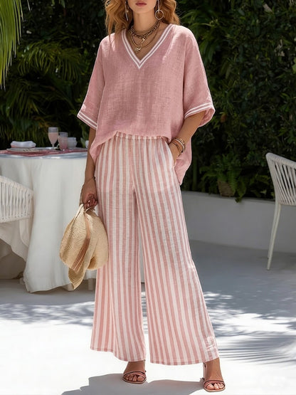Terrie — Striped Linen-Cotton Two-Piece Top & Trouser Set