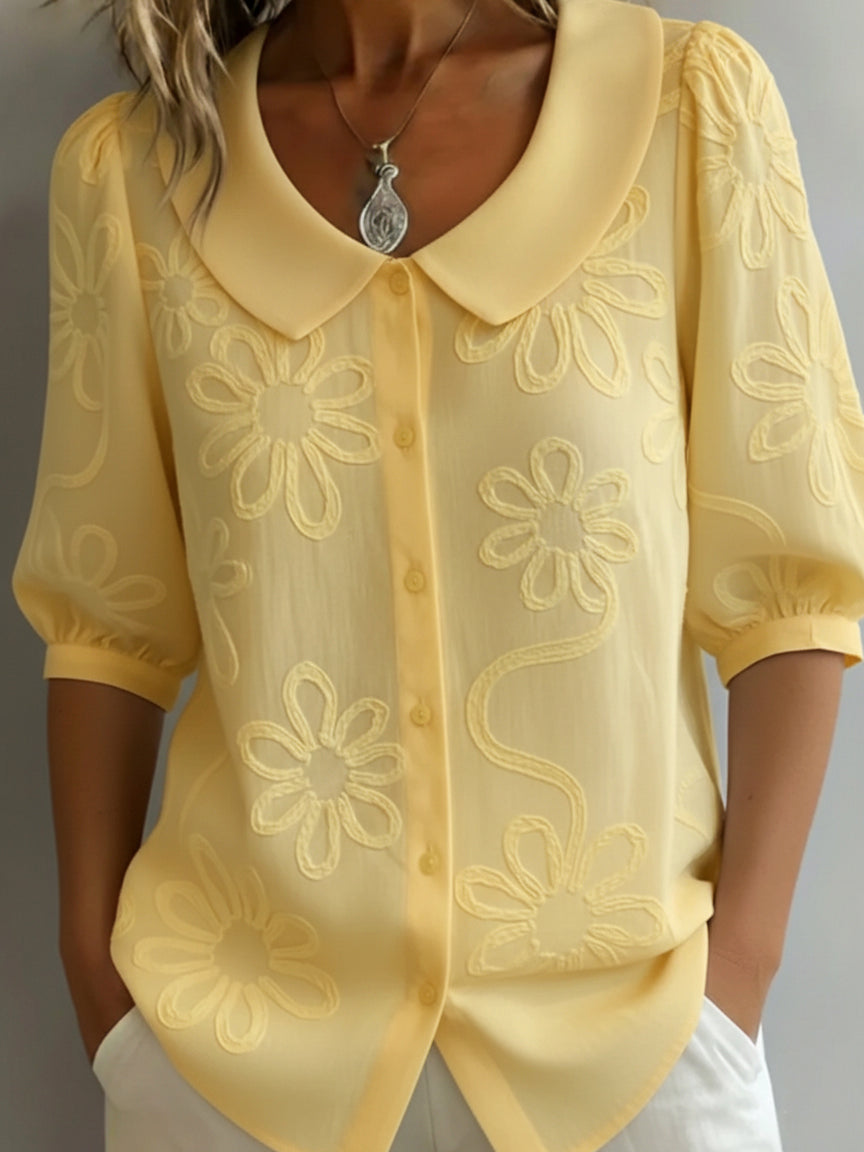 Florennzie — Embroidered Floral Stand-Collar Blouse