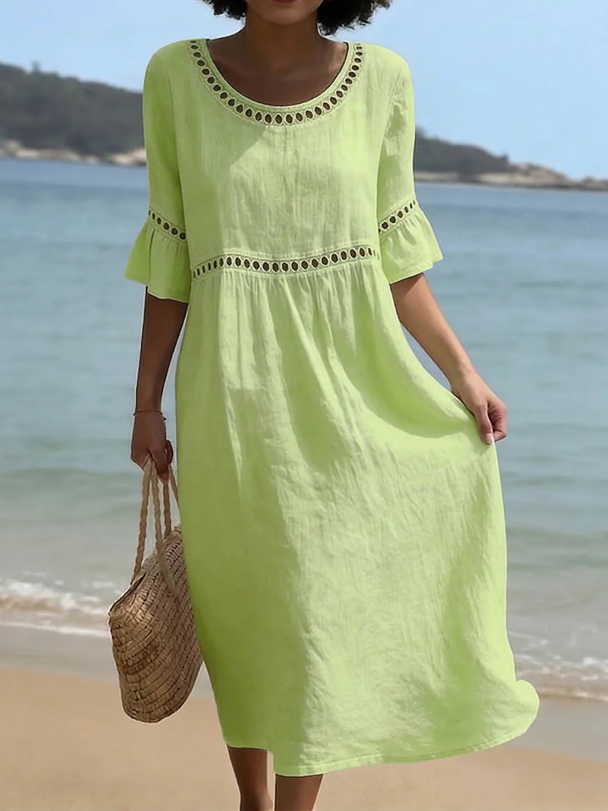 Linéa — Lace-Trim Cotton Linen Midi Dress