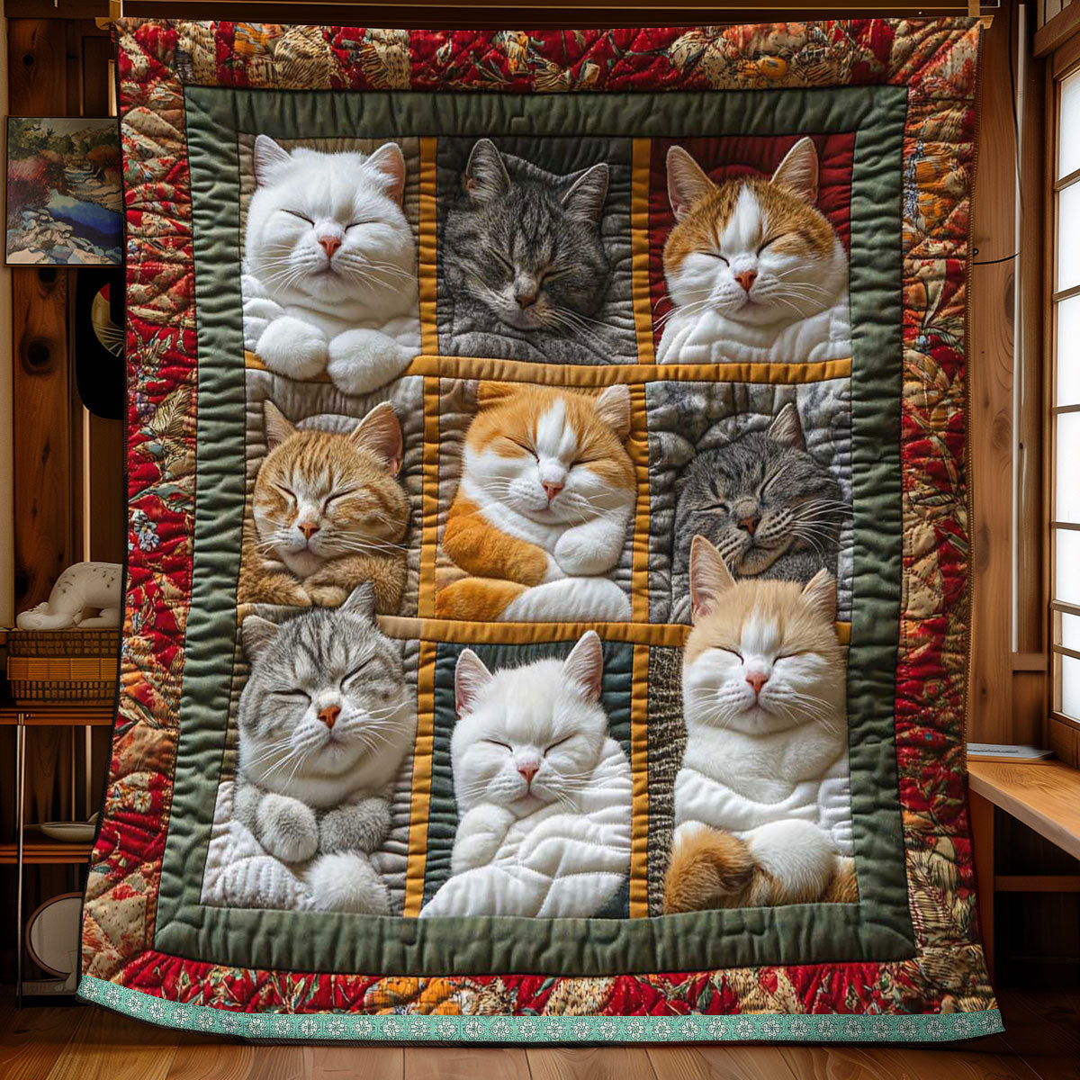 Cozy Blanket with 9 Sleeping Royal Cats