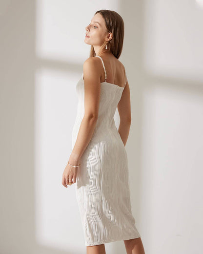 Mireille - Ripple Texture Pearl Strap Midi Dress