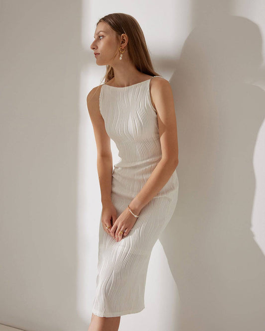 Mireille - Ripple Texture Pearl Strap Midi Dress