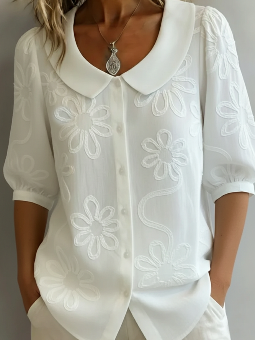 Florennzie — Embroidered Floral Stand-Collar Blouse