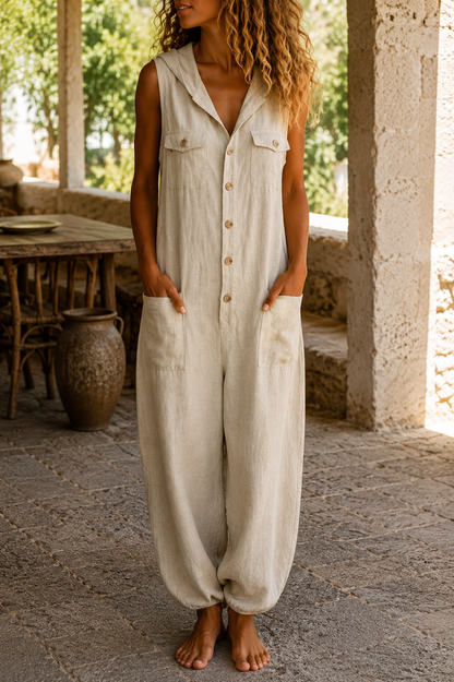Solandra — Sleeveless Linen Blend Jumpsuit with Hood