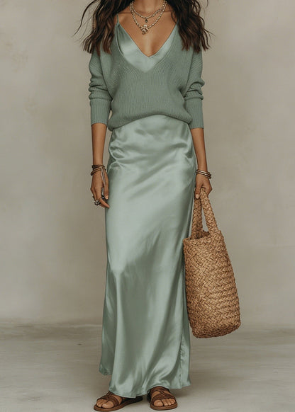 Alma — Satin Midi Dress & Knit Cardigan Two-Piece