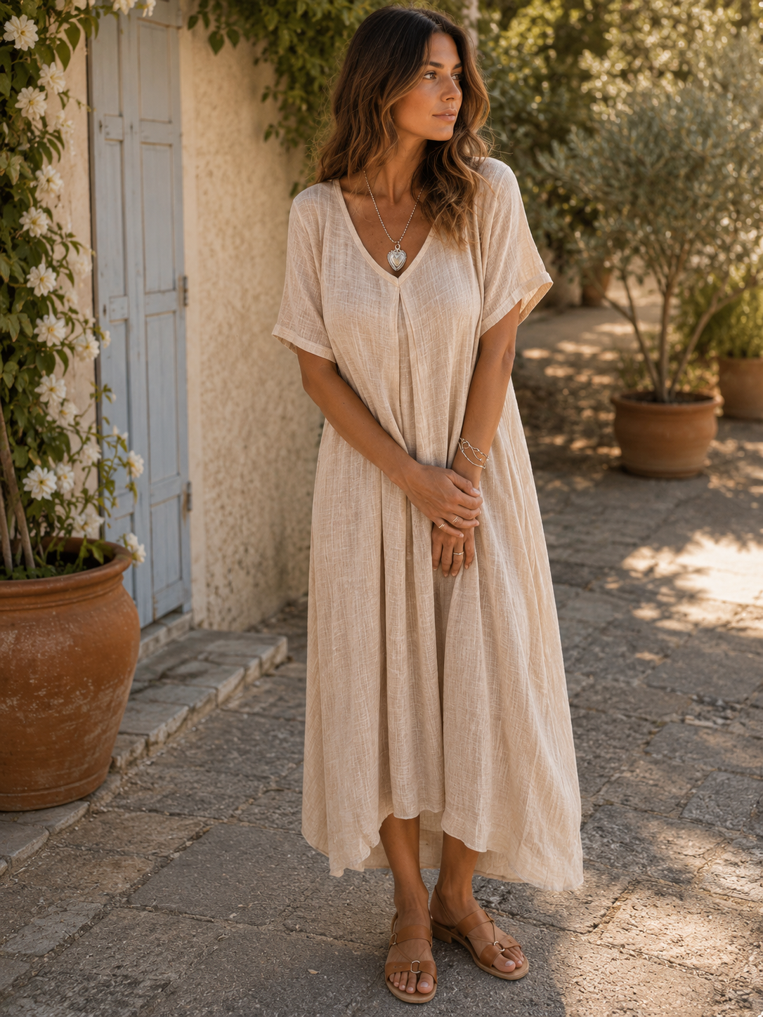 Sharmaine — V-Neck Cotton-Linen Loose-Fit Dress