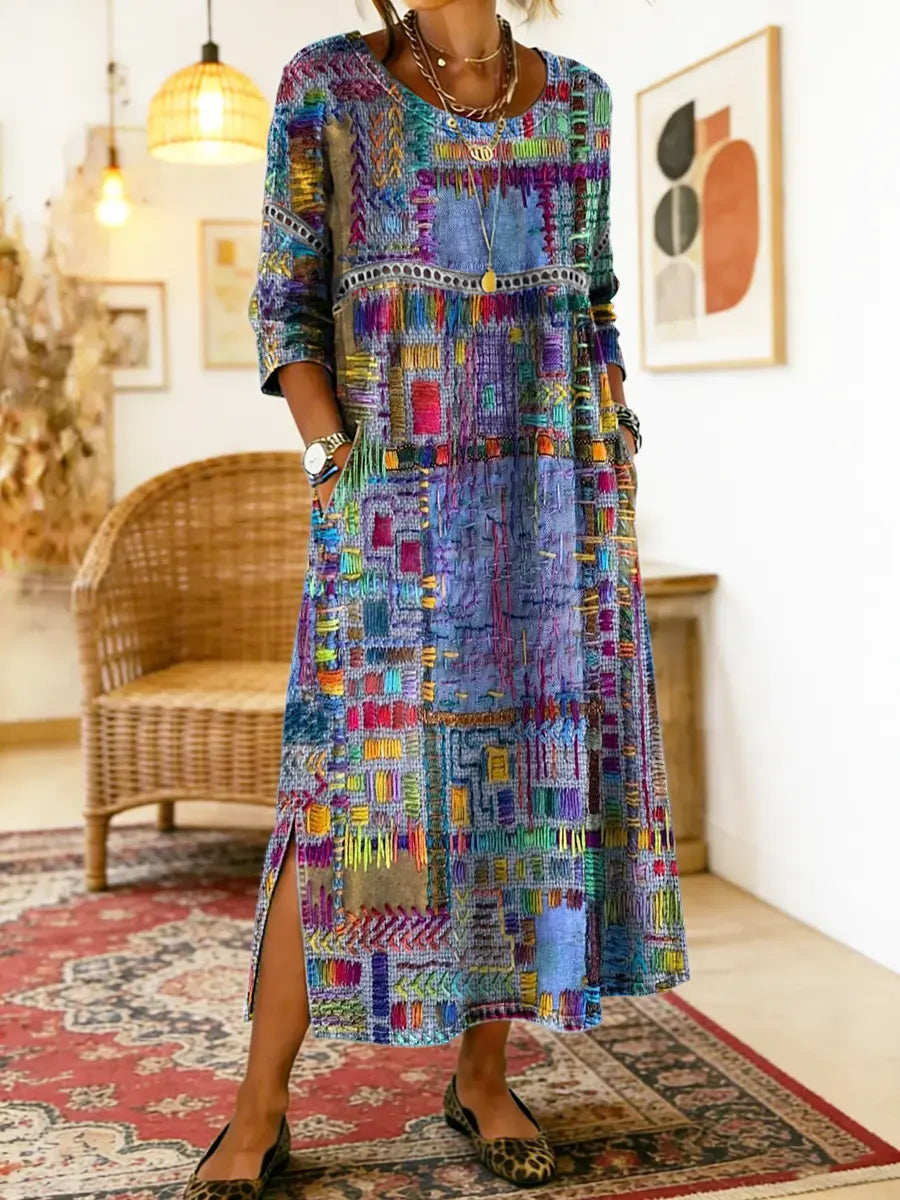 Folklén — Cotton Ethnic Print Lace-Trim Maxi Dress
