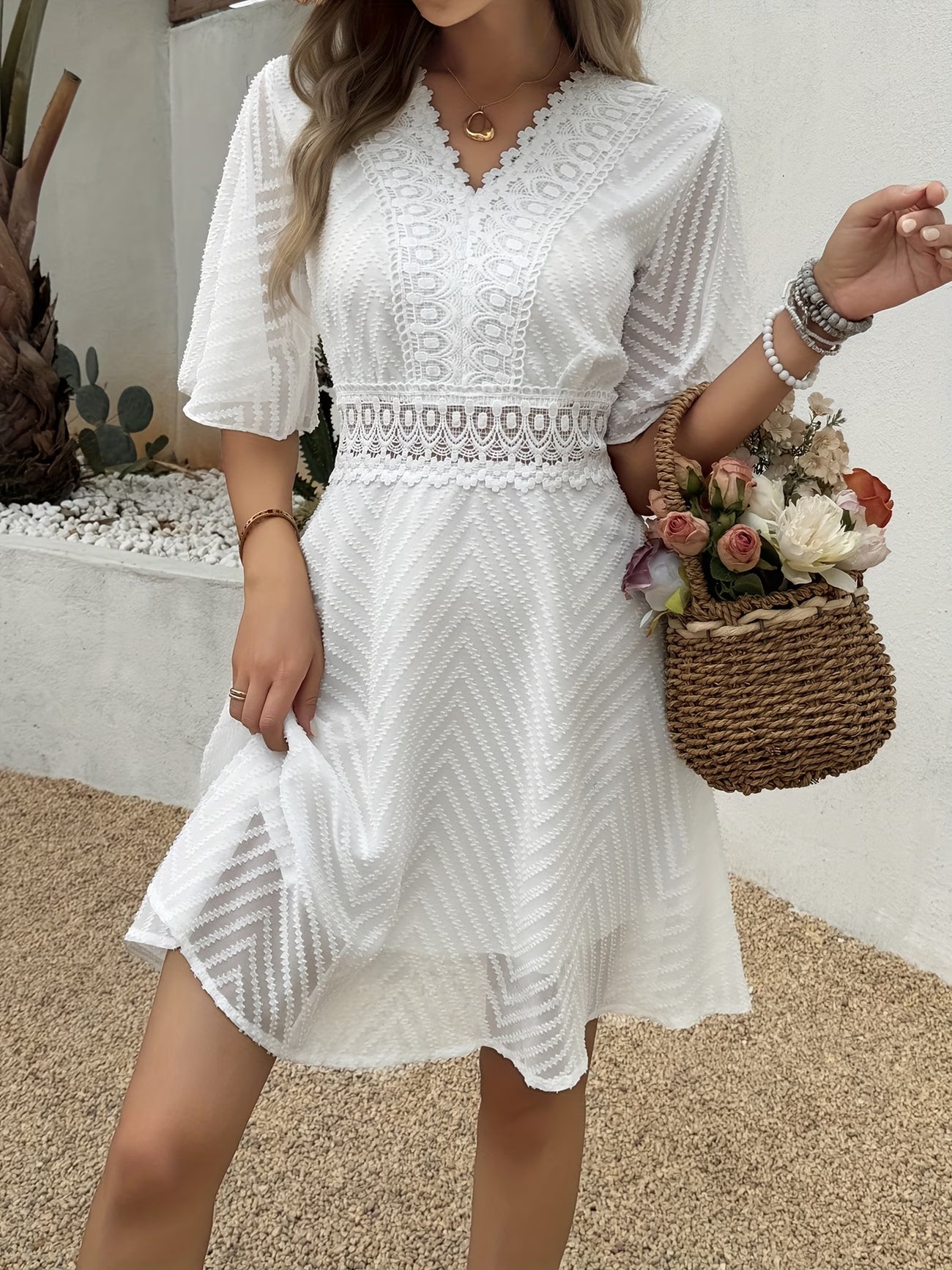 Loraveil — V-Neck Lace Patchwork Cutout Dress