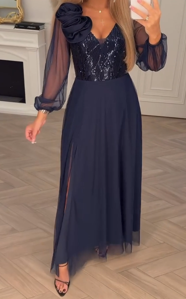 Elegant Lace Sleeve Dress with Sequins and Floral Embellishments