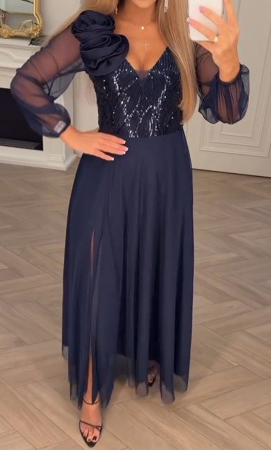 Elegant Lace Sleeve Dress with Sequins and Floral Embellishments