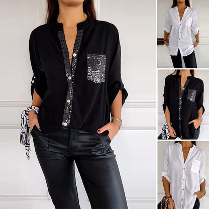 Mironé — Sequin Patchwork Button-Down Top
