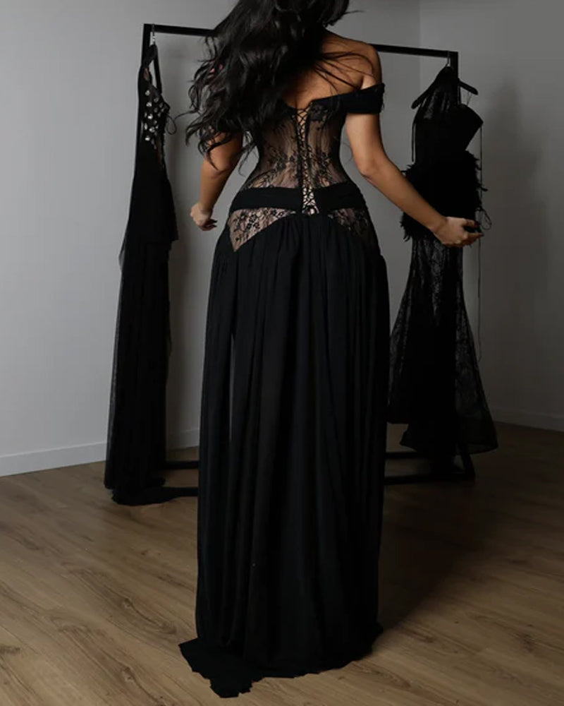 Dentelle – Off-Shoulder Lace Corset Chiffon Thigh-Slit Maxi