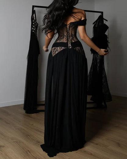 Dentelle – Off-Shoulder Lace Corset Chiffon Thigh-Slit Maxi