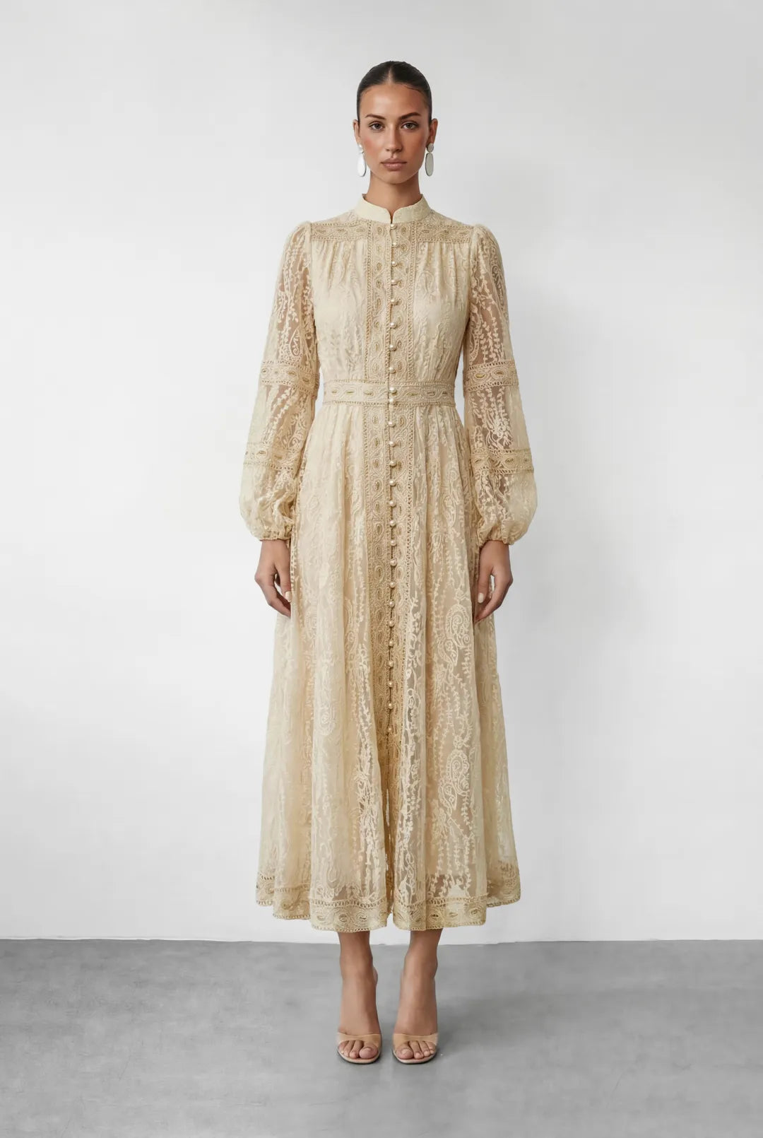 Ivoire — Lace Stand Collar Maxi Dress