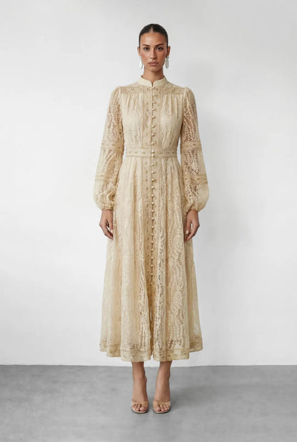 Ivoire — Lace Stand Collar Maxi Dress