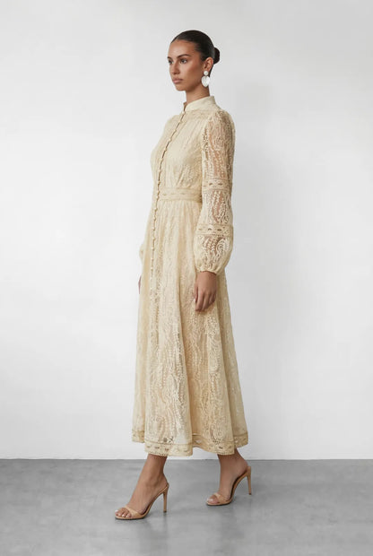Ivoire — Lace Stand Collar Maxi Dress