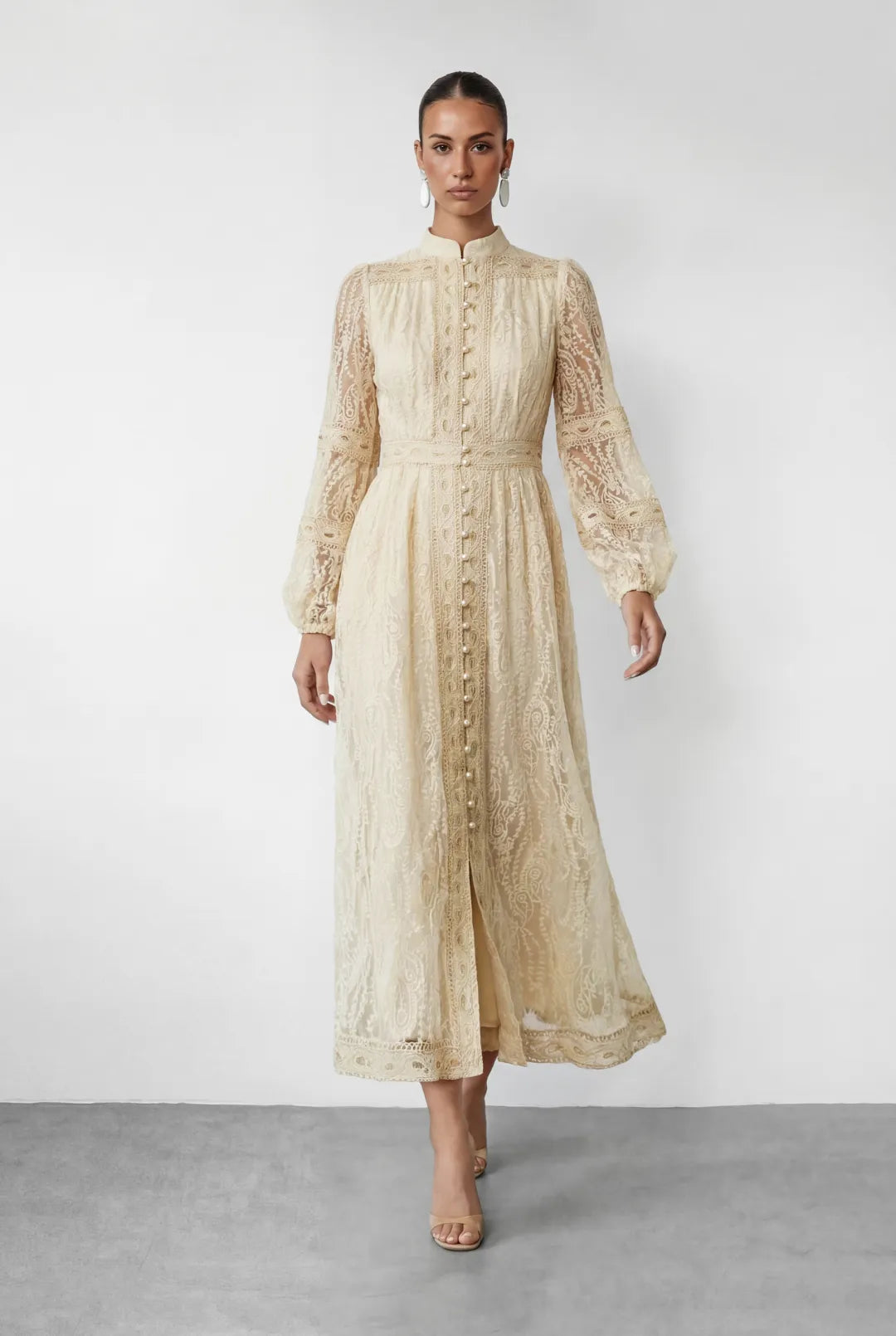 Ivoire — Lace Stand Collar Maxi Dress