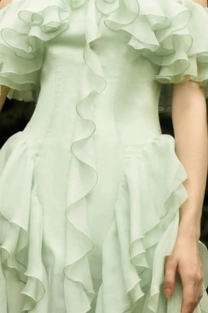 Verdène — Green Off-Shoulder Ruffle Maxi Dress