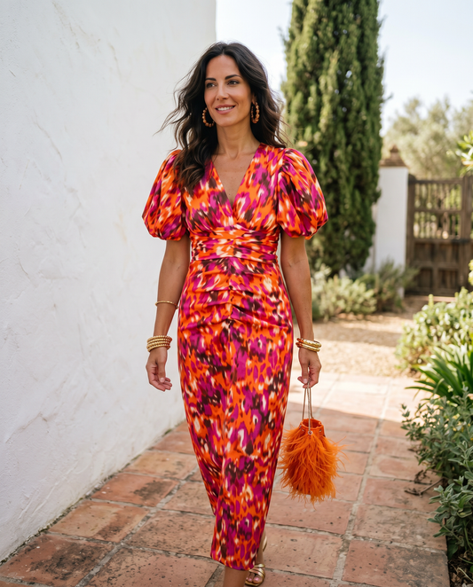 Carla  —  Printed Puff-Sleeve Midi Dress