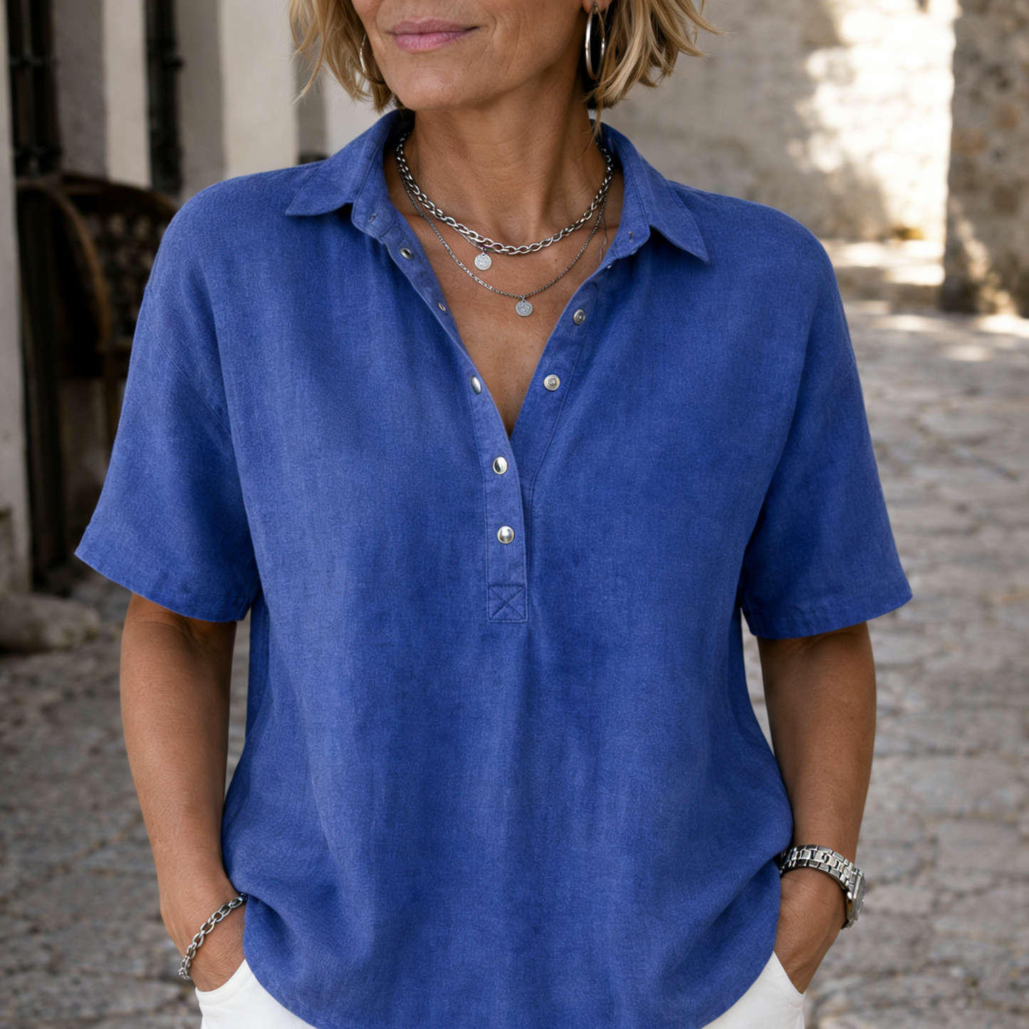 Vera — Linen-Style Collared Blouse