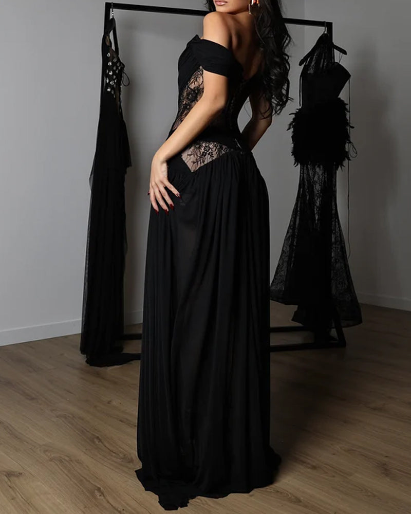Dentelle – Off-Shoulder Lace Corset Chiffon Thigh-Slit Maxi