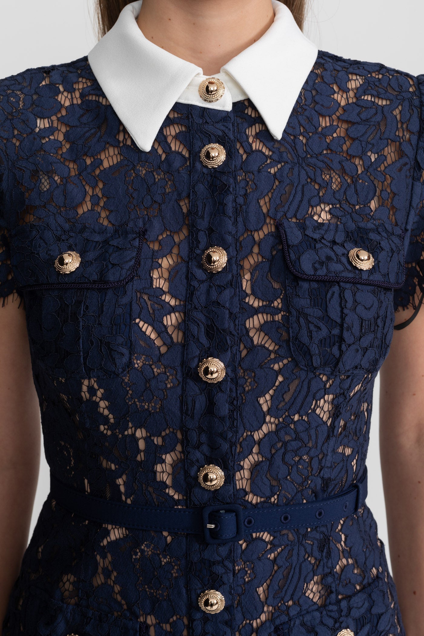 Darivène — Floral Lace Belted Midi Dress in Navy